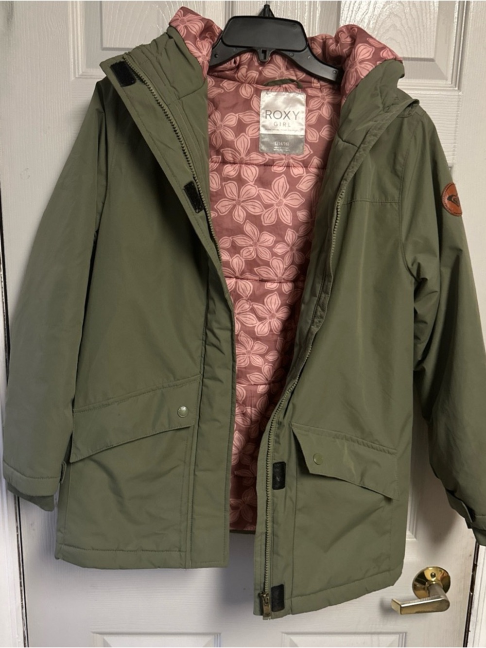 Roxy Girl Kids' Olive Green Waterproof Jacket with Pink Floral Lining 14-16